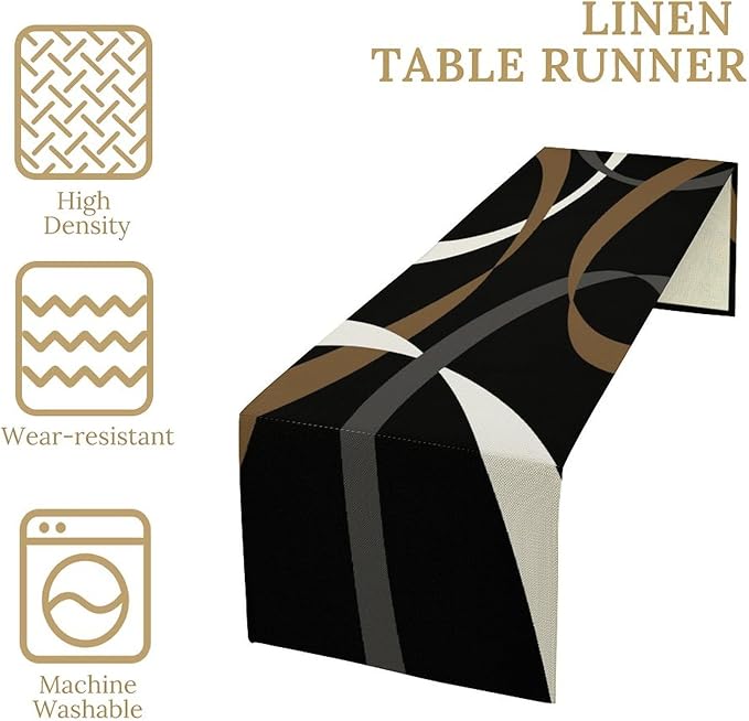 Abstract Geometric Table Runner Brown Grey and White Striped Black Background Modern Kitchen Dinner Runner for Indoor Home Living Room Party Dining Table Decoration 13"x90"