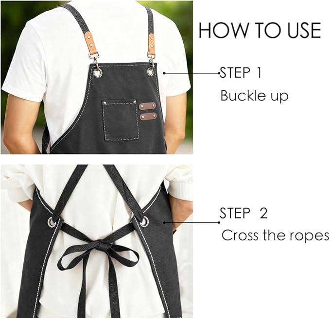 Chef Apron for Women Men with Pockets, Cotton Canvas Cross Back Adjustable Gardening Apron