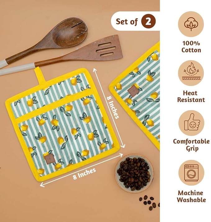 Folkulture Pot Holders for Kitchen | Pack of 2 (8x8) Ribbed Soft Silicone Hot Pads for Kitchen | 100% Cotton Cute Oven Pot Holders Set | Heat Resistant | Machine Washable | Non Slip | Lemon Party