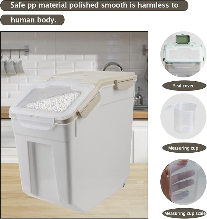 Saim Flour Storage Containers Bin 25lbs, 4Pack Airtight BPA Free Rice & Food Dispenser with Measuring Cup, Scoop - Kitchen Pantry Organizer for Flour, Rice, Grain, Cereal, Pet Food (Grey)
