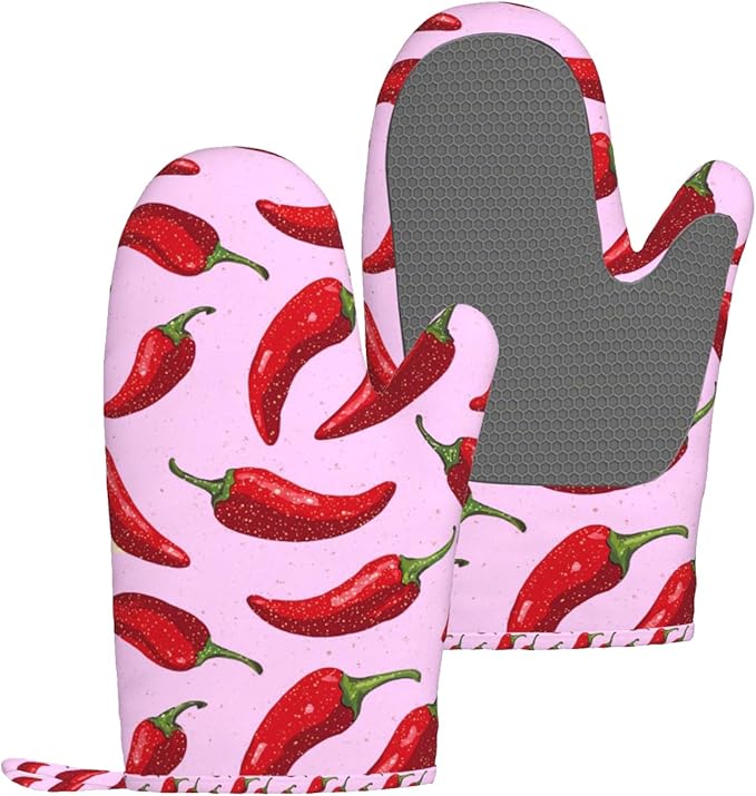 Peppers Silicone Oven Mitts Set of 2, Heat Resistant up to 500°F, Kitchen Oven Gloves with Non-Slip Grip and Soft Cotton Lining for Baking, Cooking and BBQ
