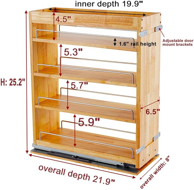 4 Tier Pull Out Spice Rack Holder Shelves (6.5" W x 22" D), spice organization for cabinet Storage Organization, pull out spice racks for inside cabinets