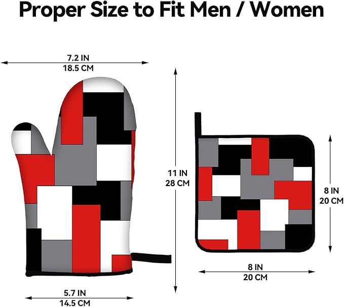 Red Black Grey White Oven Mitts and Pot Holders Sets of 4 Geometric Oven Gloves for Kitchen Baking Cooking Grilling (Red)