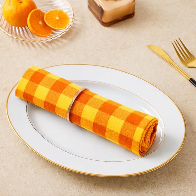 Cloth Napkins Set of 12, 100% Cotton Dinner Napkins 18x18 Inch, Soft Absorbent Gingham Check Napkin for Restaurant, Table Décor, Reusable Washable for Everyday Use - Orange/Golden Yellow