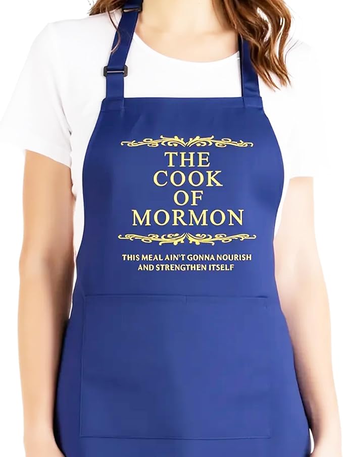 Cook of Mormon LDS Apron – Waterproof, Adjustable Neck Strap, Large Pocket, Funny Kitchen Apron for BBQ or Home Use