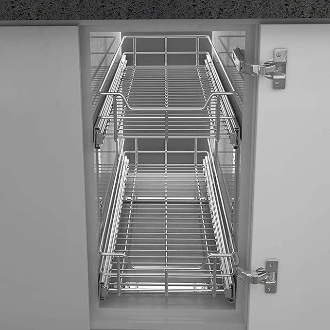 2 Tier Pull Out Cabinet Organizer 14" W X 22" D, Slide Out Drawers For Kitchen Cabinets, Pull Out Drawers For Cabinets Capacity Heavy Duty Caddy, Cabinet Pullout Shelves Chrome-Plated,Bathroom Pantry