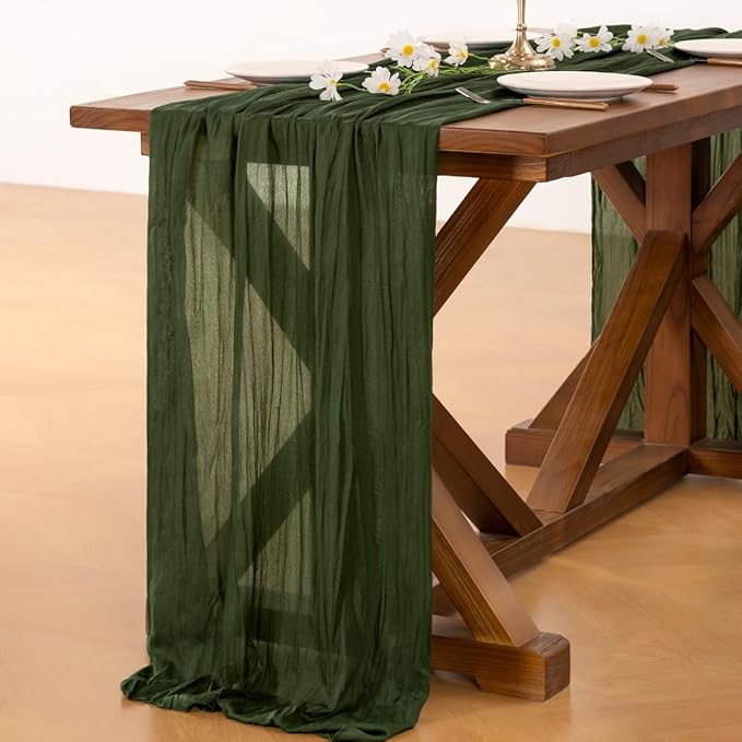 Socomi 3pcs Olive Green Spring Cheesecloth Table Runner Boho Rustic Gauze 120 inch 10FT Cheese Cloth Runner for Wedding Party Baby Shower Birthday Home Decor