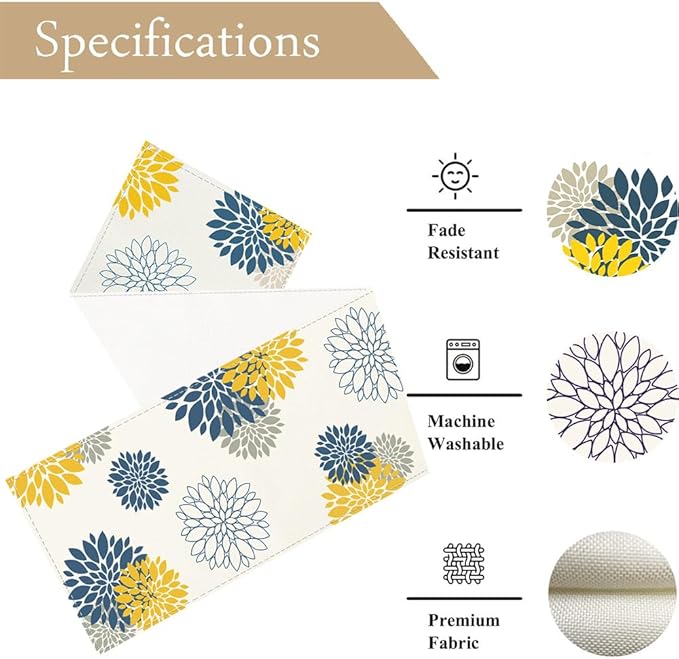 Blue Yellow Gray Table Runner Dahlia Pinnata Flower Beige Table Runners Modern Elegant Pompon Farmhouse Geometric Coffee Table Center Decor for Home Kitchen Dining Party 13 x 108 Inch