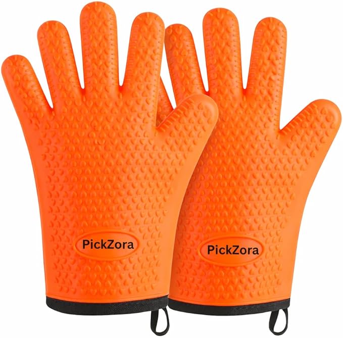 Cotton Lined Silicone Oven & BBQ Gloves, 450°F Heat Resistant Waterproof & Non-Slip Mitts for Baking, Cooking, Grill, Smoker & Fryer Use, Universal Size, 1 Pair (Orange)