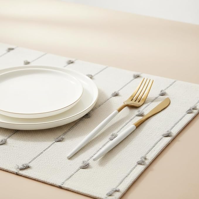 Boho Placemats 13 x 19 Inch Set of 4 for Dining Table Decor Woven Cloth Place Mats for Farmhouse Rustic Kitche Spring Home Decor Cotton Placemats Gray and Beige Table Mats