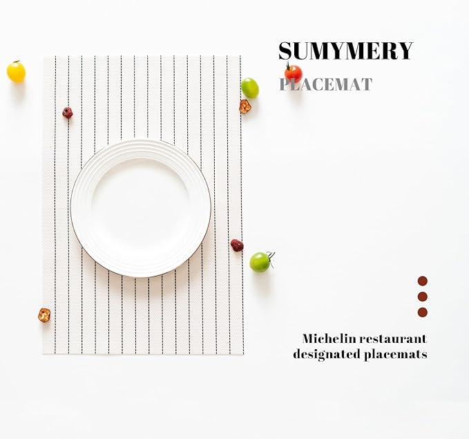 Placemats Set of 6 Vinyl/Plastic Woven Place Mats for Kitchen Table Indoor/Outdoor Washable Placemat Wipeable Dining Table Mats (White Stripes,6)