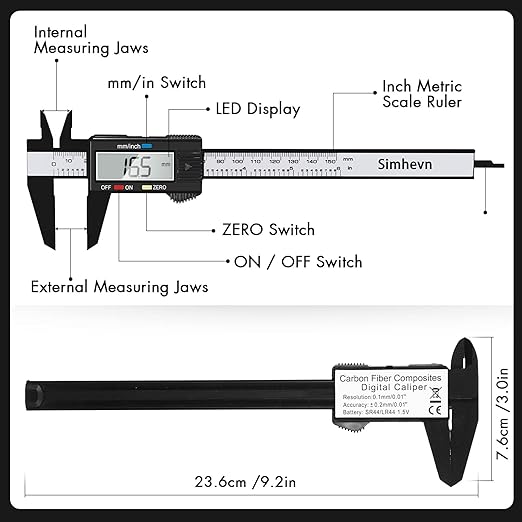 Electronic Digital Calipers, inch and Millimeter Conversion,LCD Screen displays 0-6" Caliper Measuring Tool, Automatic Shutdown, Suitable for DIY/Jewelry Measurement (New150mm Black Plastic)