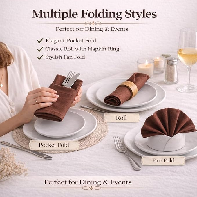 Marubhumi Cotton Cloth Dinner Napkins Set of 12, 18x18 Natural Premium Quality Mitered Corners Cotton Blend Wedding and Cocktail Napkins, Machine Washable (Brown)