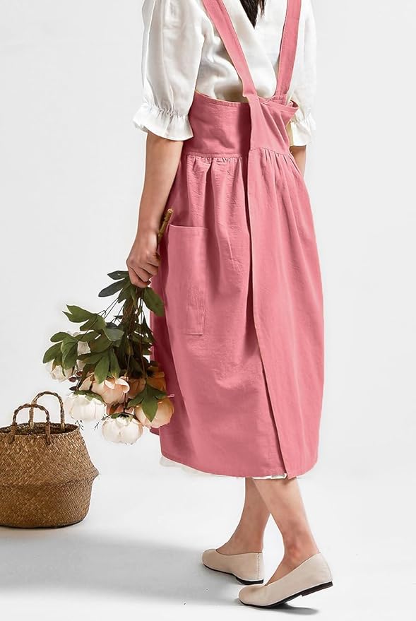 Uaussi Cotton Linen Apron Cross Back Work Apron for Women with Pockets Pinafore Dress X Cross Halter Apron for Chef Gardening