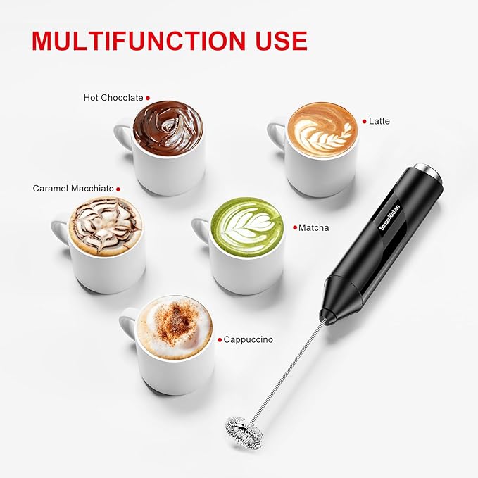 Bonsenkitchen Powerful Milk Frother for Coffee, Fast Handheld Drink Mixer with Stainless Steel Whisk, Battery Operated Hand Frother Stirrer Wand-Black