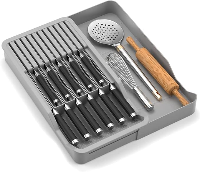 RIIPOO Expandable Knife Organizer for Drawer - Retractable and Adjustable Knife Block Holder Insert, Secure Storage Tray for Kitchen Countertop Organization