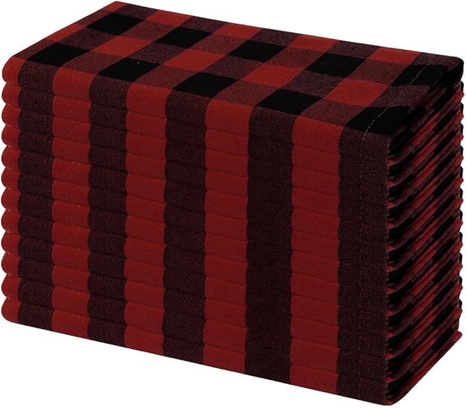 Cloth Napkins Set of 12, 100% Cotton Dinner Napkins 18x18 Inch, Soft Absorbent Gingham Check Napkin for Restaurant, Table Décor, Reusable Washable for Everyday Use - Red/Black