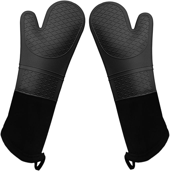 Linwnil Extra Long Silicone Oven Mitts Heavy Duty Commercial Grade Oven Mitts Heat Resistant BBQ Gloves with Quilted Cotton Lining 2 Pack (Black)