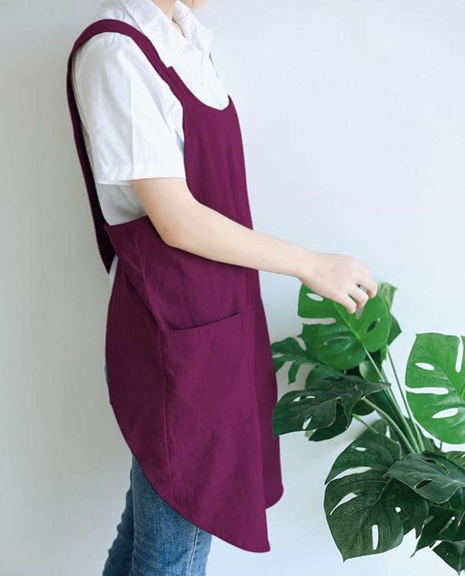 NEWGEM Japanese Cotton Linen Cross Back Cooking Apron for Women Men with Pockets Cute for Baking Kitchen