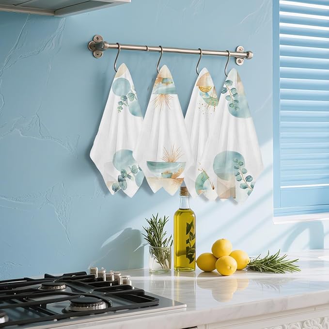 4 Pcs Boho Kitchen Towels, Home Decor Soft Absorbent Boho Hand Towel, Microfiber Dish Cloths for Drying Dishes, Waffle Dish Towels for Kitchen Bathroom, Housewarming Gifts for Women