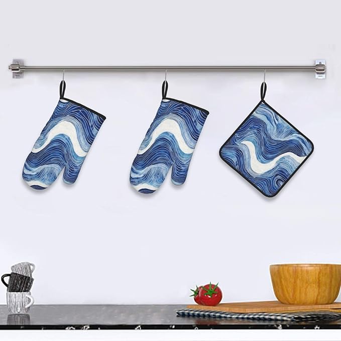 Blue and White Ocean Wave Oven Mitts and Pot Holders Sets of 3, Heat Resistant Non-Slip Washable Coastal Blue White Kitchen Gloves Hot Pads Gift for Baking Cooking Grilling Enthusiasts, Kitchen Decor