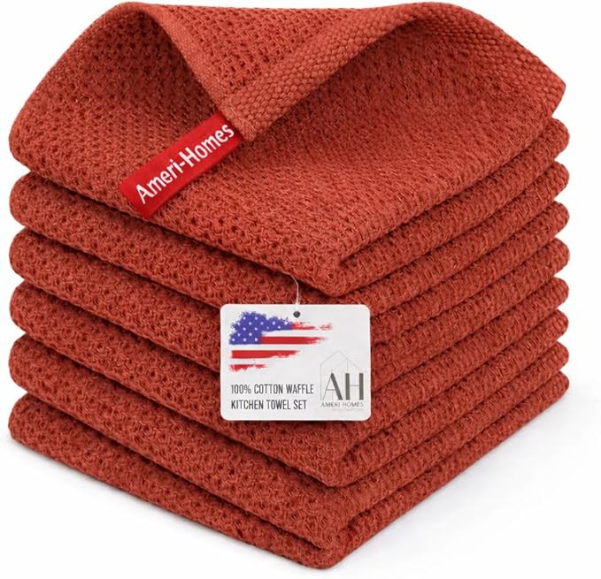 100% Cotton Waffle Weave Kitchen Dish Cloths 6-Pack– Ultra Absorbent & Quick Dry Cleaning Towels for Dishes, Counters & Kitchen Use – Soft, Durable & Lint-Free13.50 X 13.50 inches (Red)