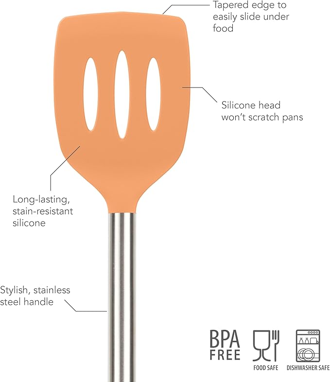 Tovolo Slotted Silicone Spatula Turner Slotted Stainless Steel Handle 10" Apricot Orange Heat Resistant Non Toxic BPA Free Kitchen Utensil, Silicone Pancake Flipper Metal Handle Turner for Cooking