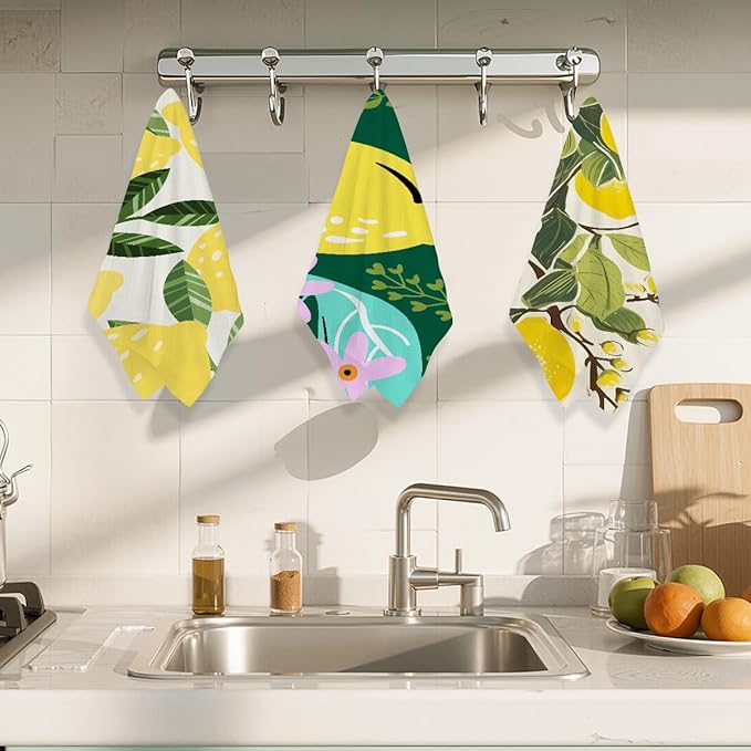 3Pcs Lemon Kitchen Towels 24x14 Inch, Reusable Cleaning Dish Towels for Home Kitchen Bathroom Farmhouse Decor, Waffle Weave Absorbent Hand Cloth Tea Towel, Lemon Gifts for Women Mom Friend Grandma
