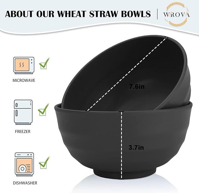 Wrova Wheat Straw Bowls Set 60 OZ Unbreakable Large Cereal Bowls Set of 6 Microwave and Dishwasher Safe Bowls Big Bowls for Camping and Picnic BPA Free Soup Bowl for Serving Oatmeal and Salad. Black