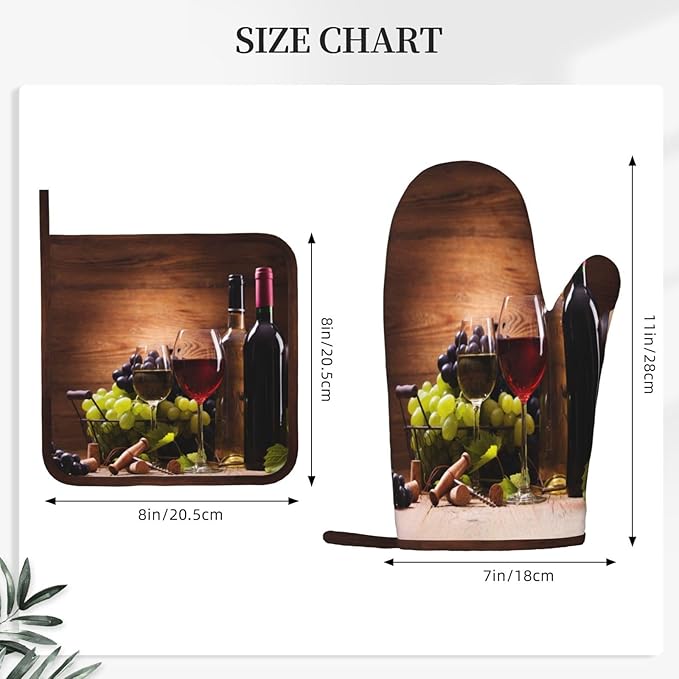 Wine Oven Mitts and Pot Holders Sets Silicone Vintage Glasses Wine Grapes Kitchen Mitts Potholders Heat Resistant 4Pcs Oven Gloves Hot Pads for Kitchen Baking Cooking BBQ Grilling