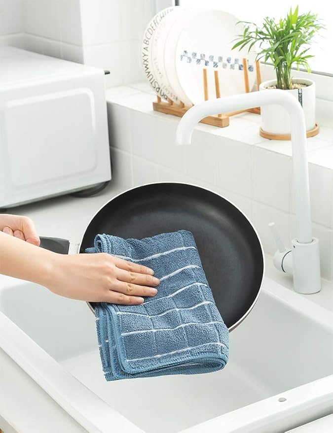 Microfiber Dish Towels - Soft, Super Absorbent and Lint Free Kitchen Towels - 8 Pack (Lattice Designed Blue Colors) - 26 x 18 Inch