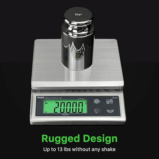 Polit Sun IP65 Waterproof Rechargeable Food Scale — 13lb/6kg High-Precision 0.5g HACCP Kitchen Scale with 150h Battery, Stainless Steel Platform & Green LCD for Seafood, Baking, Restaurant Prep