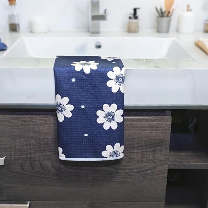 18” x 30” Highly Absorbent Kitchen Towels, Quick Dry Microfiber Tea Towel, Dish Towels for Kitchen Drying, Ultra Soft Premium Hand Towels (Dark Blue Flowers)