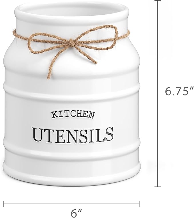 Barnyard Designs Ceramic Farmhouse Utensil Holder for Kitchen Counter, Large Rustic Utensil Crock, Countertop Cooking Tool Spatula Organizer, 6.75” (White)