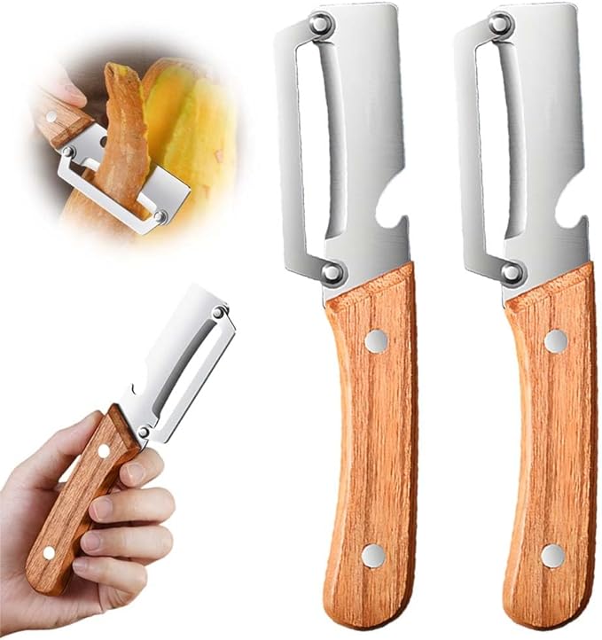 2 Packs Multi-Functional Vegetable Peeler for Kitchen, 2 in 1 Fruit Peeler and Bottle Opener, Stainless Steel Curved Blade Fruit & Vegetable Peeler for Potato Pumpkin Papaya Zucchini (Wood)