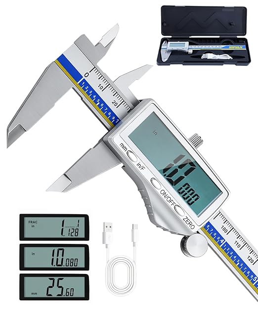 Digital Caliper with USB-C Charging, 6" Stainless Steel Digital Caliper Measuring Tool, 4-in-1 Calipers with Large LCD Screen, Micrometer with MM/in/F Conversion for DIY/Household/3D-printing
