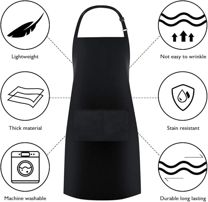 Jubatus 4 Pack Bib Aprons with 2 Pockets Cooking Chef Kitchen Apron for Women Men, Black