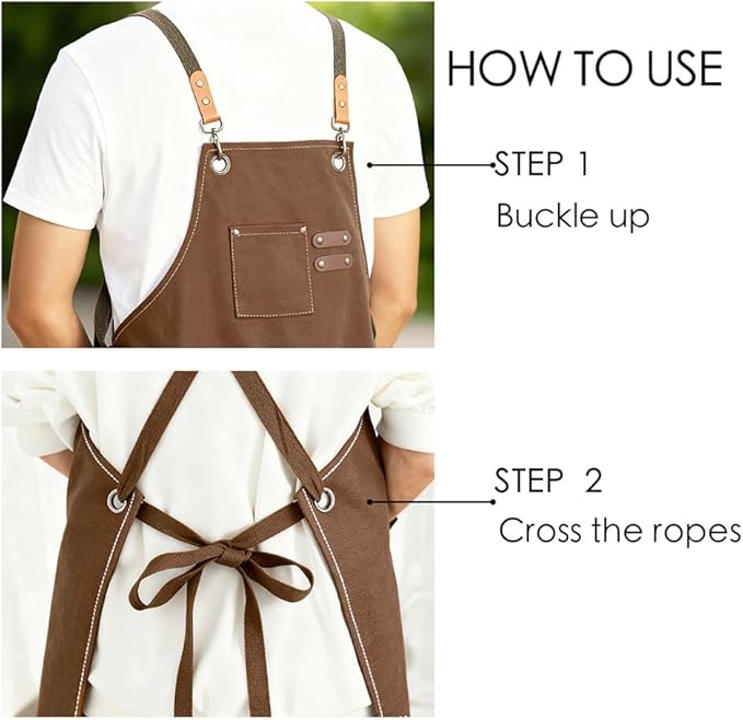 Chef Apron for Women Men with Pockets, Cotton Canvas Cross Back Adjustable Gardening Apron