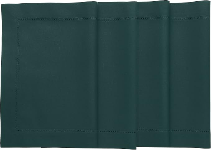 Solino Home Cloth Placemats Set of 4 - Cotton Linen Hemstitch Dark Green Placemats 14 x 19 Inch - Handcrafted and Machine Washable