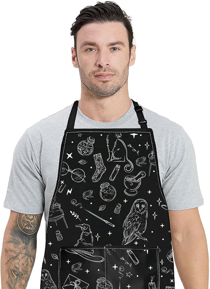 WZMPA Magic Wizard Kitchen Apron With Pockets Spooky Witch Gift Gothic Magic Adjustable Apron For Cooking Baking Grilling