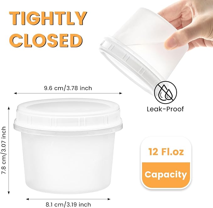 TUZAZO 12 Oz Food Storage Containers with Screw Lids, 12-Count Reusable Small Plastic Soup Containers for Portion and Meal Prep | Microwave-, Freezer-, Dishwasher-Safe | BPA Free