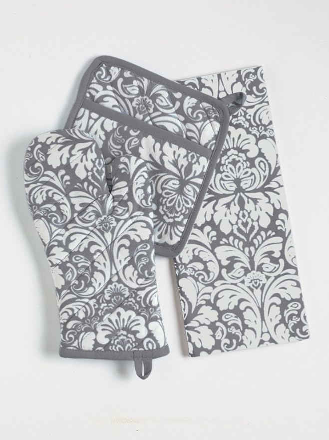 DII Quilted Kitchen Oven Mitt & Potholder Set, Hanging Loop for Convenient Storage, OM 6.5x12/PH 8x8.5, Gray Damask Print, 2 Piece