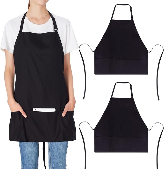 Jubatus 2 Pack 3 Pockets 100% Cotton Adjustable Bib Apron Chef Kitchen Cooking Aprons for Women Men, Black