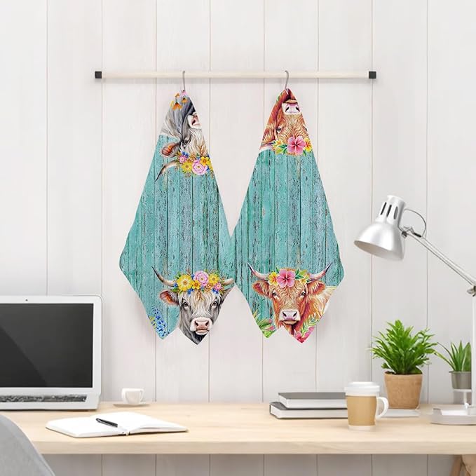 2 Pcs Cow Kitchen Towels, Rustic Flower Soft Absorbent Hand Tea Towel, Microfiber Dish Cloths for Drying Dishes, Waffle Dish Towels for Kitchen Bathroom Decor, Cow Gifts for Women