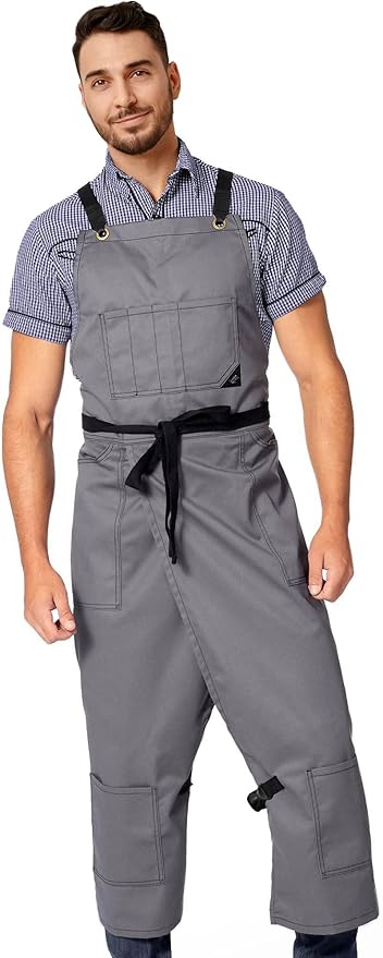 Under NY Sky Pottery Gray Apron - Full Cover Cross-Back, Professional Twill, Leather Reinforcement, Overlapping Split-Leg - Adjustable for Men, Women - Pottery Artist, Ceramics