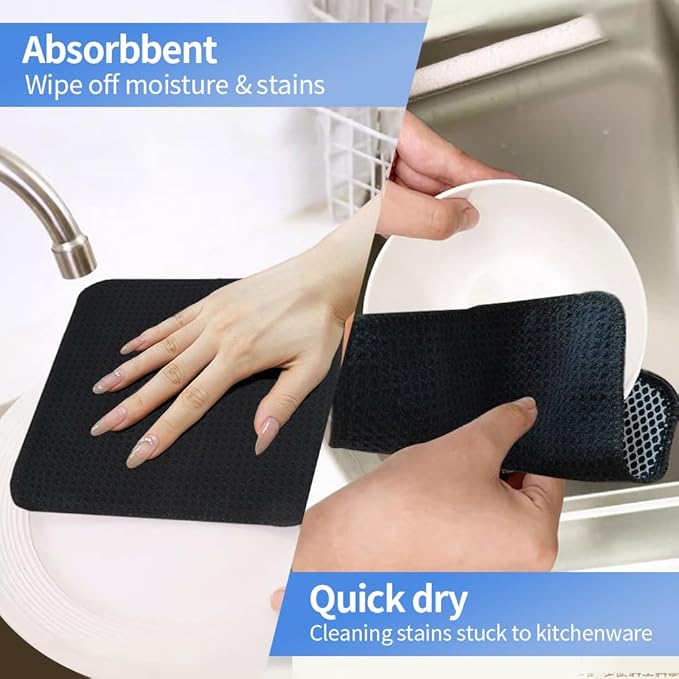 KinHwa Kitchen Washcloths for Dishes Absorbent Microfiber Dish Cloths Quick Dry Dish Rags with Poly Scour Scrub Side Ideal for Kitchen Cleaning (Dark-Black, 7inchx7inch 9 Pack)