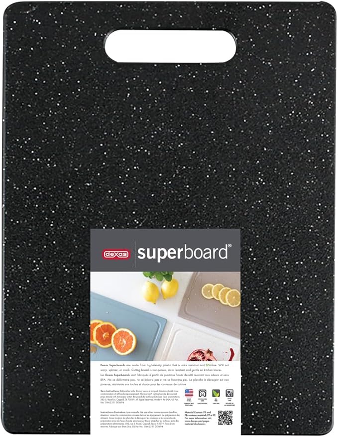 Dexas Superboard Cutting Board with Handle 8.5 x 11 inch Midnight Granite, Compact Kitchen Prep Board, Dishwasher Safe, Non-Porous Poly Surface, Made in USA
