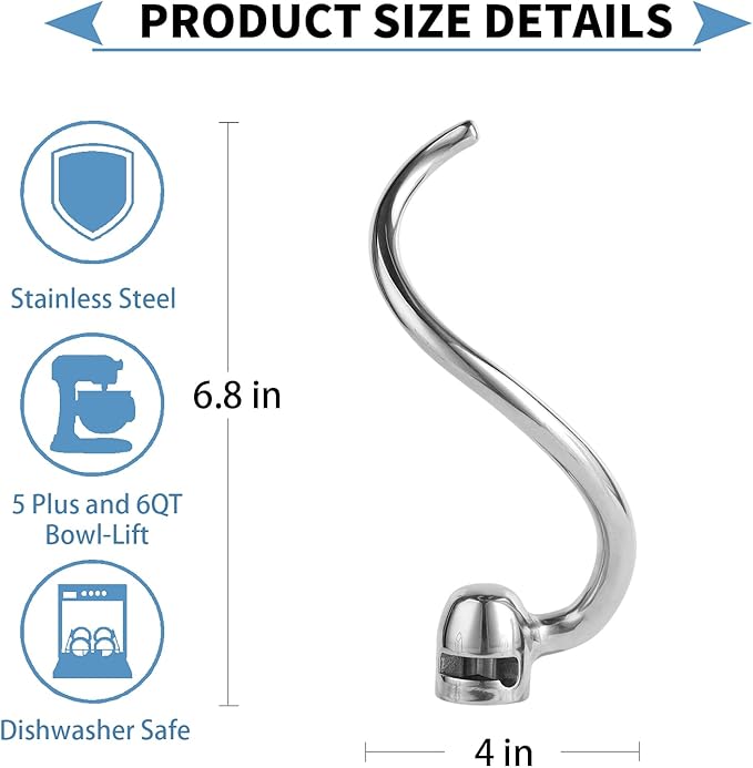 Stainless Steel Spiral Dough Hook Compatible with KitchenAid 5 Plus-6QT Mixer,Bowl Lift Stand Mixer Accessory, Rust Resistant, Effectively Kneads Bread,Pizza,Pasta and Biscuits,Dishwasher Safe