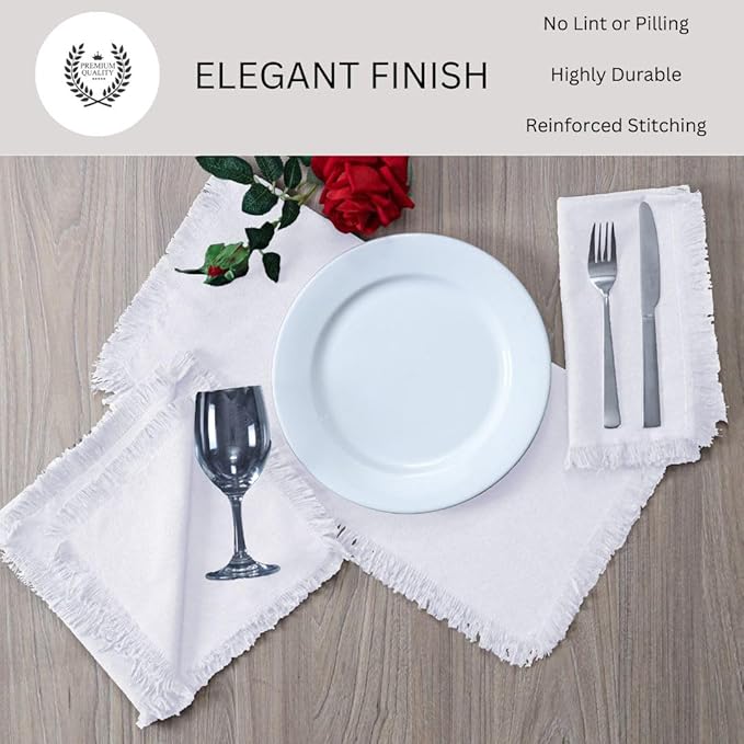 Cloth Dinner Napkins with Fringes 20x20 Inch 100% Cotton Set of 6 - for Dining Special Occasions Wedding Holidays Easter - Soft Durable Washable - Elegant Table Cloth Napkins White