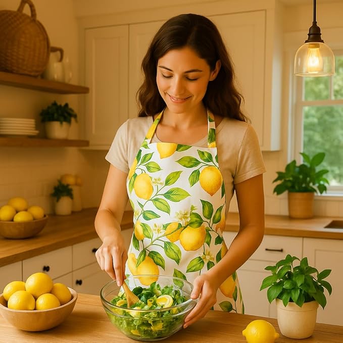 G2PLUS Cotton Kitchen Apron with Pockets, Thick Lemon Apron, Adjustable Cooking Apron for Baking, Chef Apron for Women, Men, Holiday and Xmas Gifts - 30 x 25 inch
